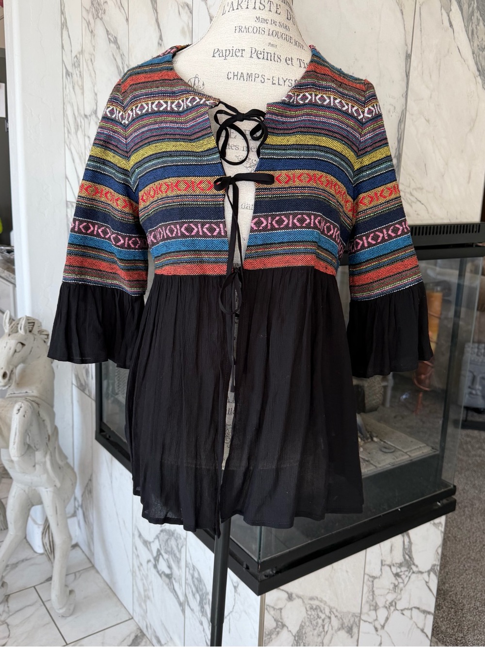 Pleione Anthropology Multicolor Striped Yoke Black Tie-Front Peasant Top M - Picture 3 of 9